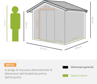 Capanno da Giardino 4,9 mq con Fondazione, 4 Uscite d'Aria e 2 Porte Scorrevoli, Capanno per Attrezzi in Lamiera d'Acciaio, 277x195x192 cm, Giallo
