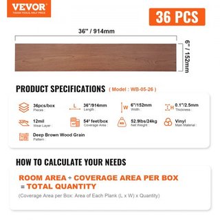 Azulejos de Vinilo Autoadhesivos 36 x 6 pulgadas, 36 Azulejos de 2.5mm de Grosor, Suelo de Madera de Grano Profundo para DIY en Cocina, Comedor, Dormitorios y Baños, Fácil para Decoración del Hogar