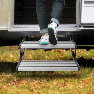 Escalones de RV, 2 pasos, escaleras de RV retráctiles manuales, plegables, capacidad de carga de 440 LBS, escalones de aleación de aluminio, placa de acero engrosada, escalones antideslizantes par...