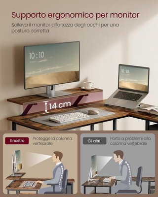 Scrivania per computer a L, scrivania ad angolo con 2 ampi cassetti e supporto per monitor, scaffale regolabile, per ufficio studio, marrone vintage LWD097B01