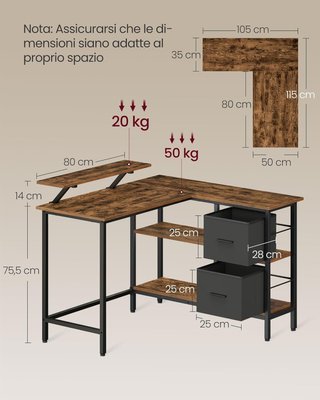 Scrivania per computer a L, scrivania ad angolo con 2 ampi cassetti e supporto per monitor, scaffale regolabile, per ufficio studio, marrone vintage LWD097B01