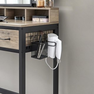Tavolo da Trucco con Specchio Pieghevole in 3 Pezzi, Supporto per Asciugacapelli, Tavolo Cosmetico con Sgabello Imbottito, 3 Cassetti, Design Industriale, Greige e Nero RVT004B02
