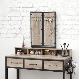 Tavolo da Trucco con Specchio Pieghevole in 3 Pezzi, Supporto per Asciugacapelli, Tavolo Cosmetico con Sgabello Imbottito, 3 Cassetti, Design Industriale, Greige e Nero RVT004B02