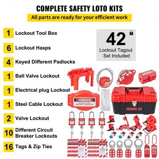 42 PCS Kits de Bloqueo y Etiquetado, Kit de Seguridad Eléctrica Loto Incluye Candados, 5 Tipos de Bloqueos, Hasps, Etiquetas y Cuerdas, Caja, Herramientas de Seguridad de Bloqueo para la Eliminaci...