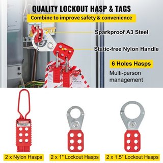 42 PCS Kits de Bloqueo y Etiquetado, Kit de Seguridad Eléctrica Loto Incluye Candados, 5 Tipos de Bloqueos, Hasps, Etiquetas y Cuerdas, Caja, Herramientas de Seguridad de Bloqueo para la Eliminaci...