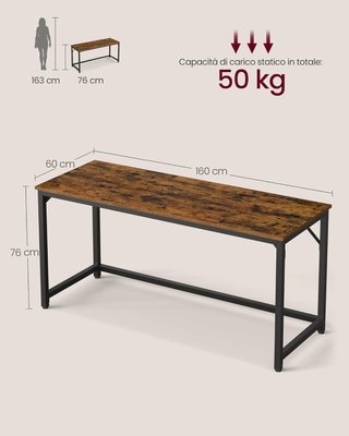 Scrivania per computer, postazione di lavoro, 60 x 160 x 76 cm, scrivania da ufficio, studio, camera da letto, soggiorno, marrone vintage e nero tinta LWD121K01