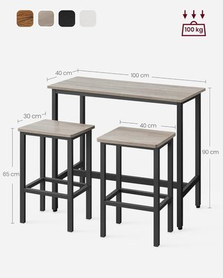 Tavolo Alto, Set Tavolo e Sgabelli da Bar, Tavolo da Colazione con 2 Sgabelli, Struttura in Acciaio Industriale, Greige Melange e Nero Tinta LBT218B02