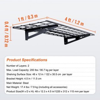 Scaffalature di Stoccaggio per Garage, Confezione da 2, Scaffali da Garage 4 x 1 Piedi a Parete, Capacità di Carico 400 lbs (Totale) Scaffali di Stoccaggio Galleggianti per Garage, A...