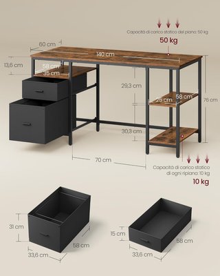 Scrivania per Computer, Tavolo da Ufficio, Scrivania con 3 Ripiani, 2 Cassetti, 60 X 140 X 76 Cm, per Ufficio, Soggiorno, Stile Industriale, Marrone Vintage e Nero Opaco LWD104B01