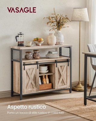 Credenza, Mobile da Cucina, Armadio Organizzatore, Con 2 Ante Scorrevoli, 33 X 100 X 80 Cm, Ripiani Regolabili, Stile Country, per Soggiorno, Marrone Cammello e Nero Tinta