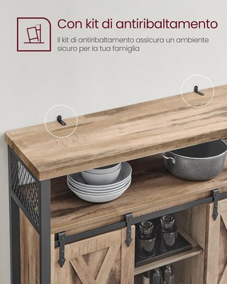 Credenza, Mobile da Cucina, Armadio Organizzatore, Con 2 Ante Scorrevoli, 33 X 100 X 80 Cm, Ripiani Regolabili, Stile Country, per Soggiorno, Marrone Cammello e Nero Tinta