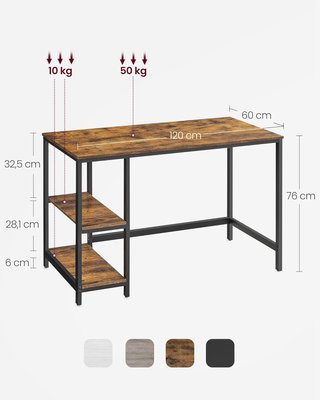 Scrivania per computer con 2 ripiani a sinistra o destra, tavolo da lavoro, per ufficio o soggiorno, struttura in acciaio, industriale, marrone vintage e nero LWD47X