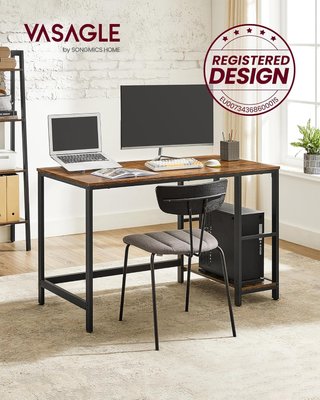Scrivania per computer con 2 ripiani a sinistra o destra, tavolo da lavoro, per ufficio o soggiorno, struttura in acciaio, industriale, marrone vintage e nero LWD47X