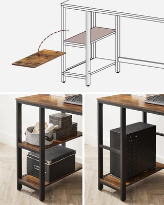 Scrivania per computer con 2 ripiani a sinistra o destra, tavolo da lavoro, per ufficio o soggiorno, struttura in acciaio, industriale, marrone vintage e nero LWD47X