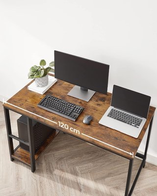 Scrivania per computer con 2 ripiani a sinistra o destra, tavolo da lavoro, per ufficio o soggiorno, struttura in acciaio, industriale, marrone vintage e nero LWD47X