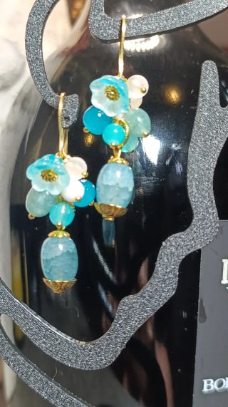 Orecchini Giada Blu/Teal Fiori Murano Acciaio