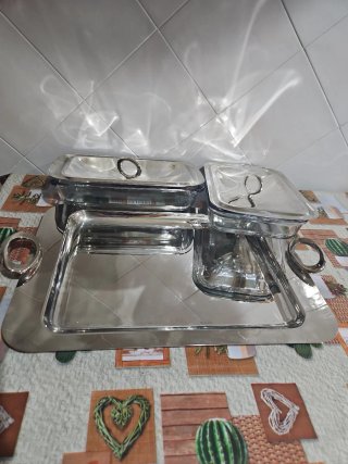 Bandeja Alpaca  con asas + 2 bandejas 51 x 31