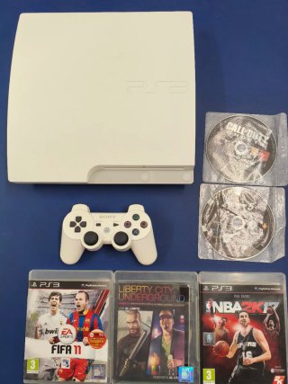 Consola PS3 Slim Blanca + 3 Juegos + 2 Discos