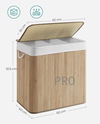 Cestino per bucato SONGMICS (150 L, 3 scomparti, coperchio in bambù, maniglie, pieghevole, sacchetto rimovibile lavabile in lavatrice, per lavanderia, camera da letto, colore legno LCB091N01)