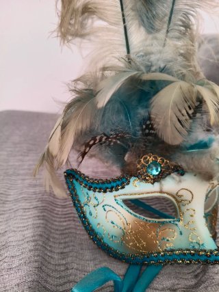 Máscara Carnaval Venecia Plumas Dorada Turquesa