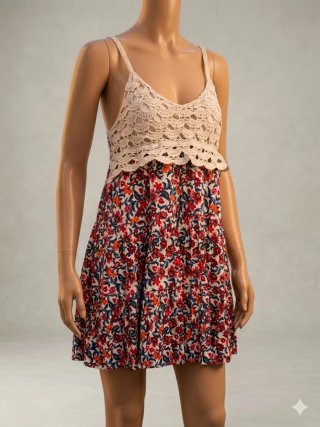 Vestido corto crochet beige/multicolor