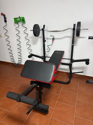 Banco musculación plegable + Barra y discos