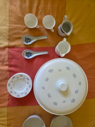 Vajilla variada de porcelana azul y blanca