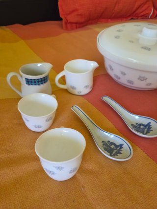 Vajilla variada de porcelana azul y blanca