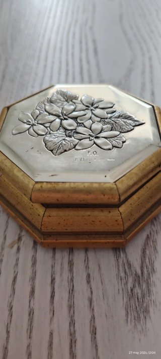 Joyero vintage plata y madera octogonal