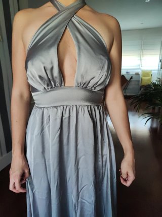 Vestido fiesta largo plateado