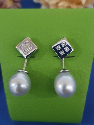 Pendientes Oro Blanco 18kl Perla y Diamantes