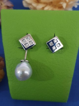 Pendientes Oro Blanco 18kl Perla y Diamantes