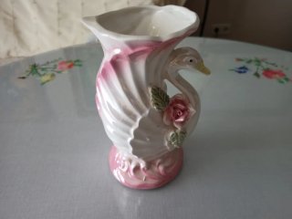 Jarrón Cisne Rosa y Blanco Cerámica