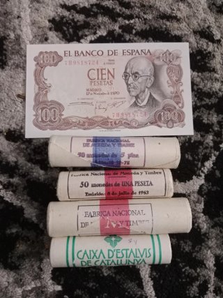 Billete 100 pesetas 1970 s/c y 4 rollos ptas S/C .