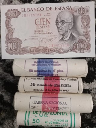 Billete 100 pesetas 1970 s/c y 4 rollos ptas S/C .