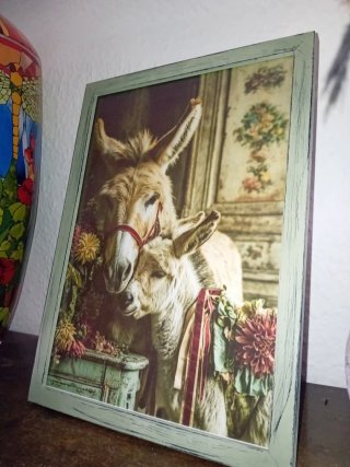 Quadro verde con asini e fiori vintage