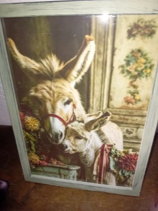 Quadro verde con asini e fiori vintage