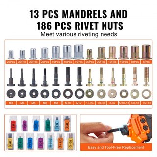 Herramienta de Tuercas Remachadas, Kit de Herramienta Rivnut de 40.6 cm con 13PCS Mandriles Métricos y SAE, 186PCS Tuercas Remachadas, M3, M4, 10-24, M5, M6, 1/4-20, 8-32, 5/16-18, M8, 3/8-16, M10...