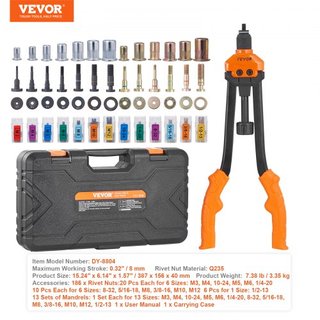 Herramienta de Tuercas Remachadas, Kit de Herramienta Rivnut de 40.6 cm con 13PCS Mandriles Métricos y SAE, 186PCS Tuercas Remachadas, M3, M4, 10-24, M5, M6, 1/4-20, 8-32, 5/16-18, M8, 3/8-16, M10...