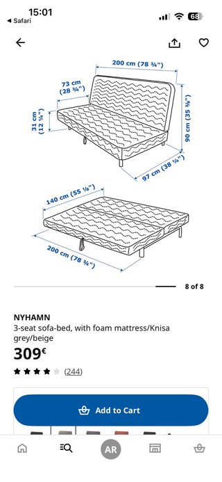 Sofá Cama Ikea NYHAMN 140x200 Gris