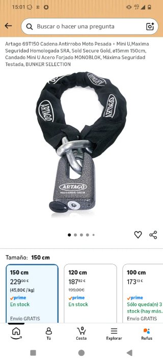 Cadena y candado Artago antirrobo moto 1.5m 69T150