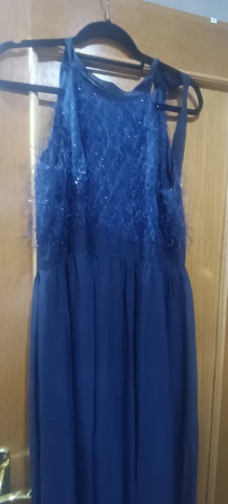 Vestido azul con pedrería y plumas