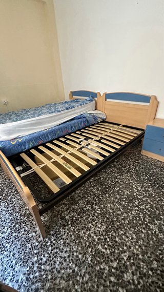 Set 2 Camas + 2 Mesitas Noche Madera Azul