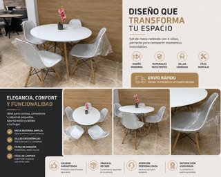Mesa Blanca Redonda + 4 Sillas Nórdicas