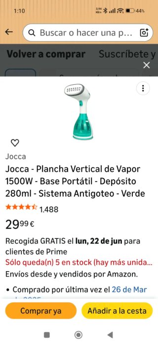 Plancha Vertical Vapor 1500W JOCCA