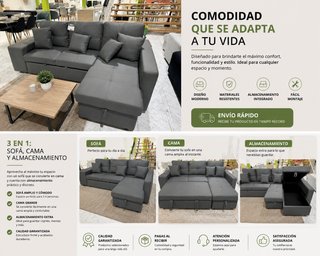 Sofá Cama Gris con Arcón y Puffs