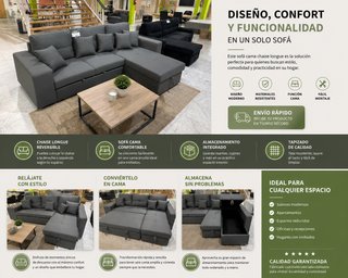 Sofá Cama Gris Chaise Longue + Puff