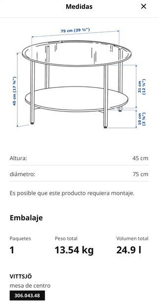 Mesa centro redonda Ikea VITTSJÖ 75cm NO ENVIOS!