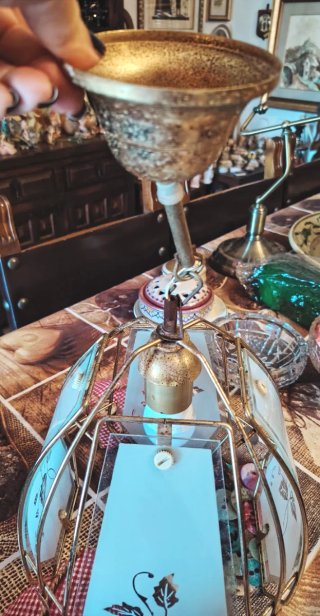 Lampadario Ottone e Vetro Stile Liberty Anni '70