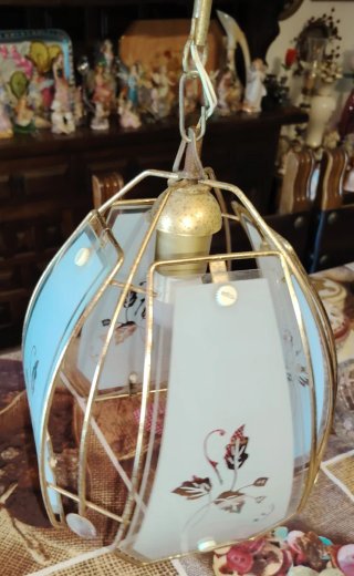 Lampadario Ottone e Vetro Stile Liberty Anni '70